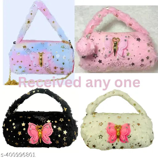 Multicolor synthetic fur sling bag, free size crossbody purse for girls with printed net pattern