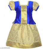 Cotton-silk Kerala Ishwaryam pattu girls lehenga choli with net dupatta, printed top and block pattern, sleeveless, 125 characters