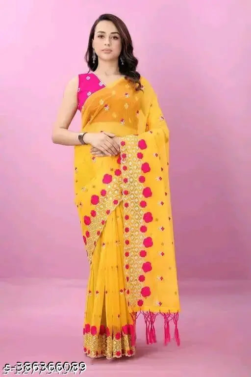 Silicon heavy net designer saree with embroidered and printed details, India origin