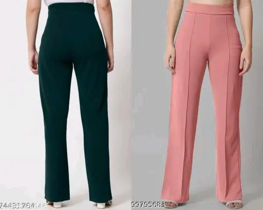 Cotton lycra bell bottom trousers for women in combo, solid net pattern, two pieces in sizes XS-XL, Indian origin