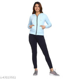 Light blue cotton-blend fleece zipper hoodie for women and girls, solid pattern with drawstrings and cozy kangaroo pockets