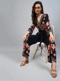 Black rayon floral v-neck jumpsuit with three-quarter sleeves, printed pattern, suitable for women sizes S-XXL. Fashionable Indian-made style