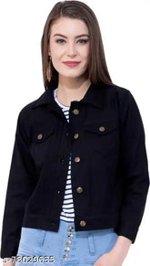 Women's solid denim long sleeve jacket, sophisticated look, India origin