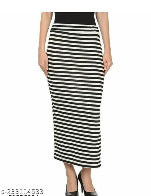 Trendy cotton blend black and white pencil western skirt for women (size 26/31in, 28/31in, 30/31in). Printed net design on display