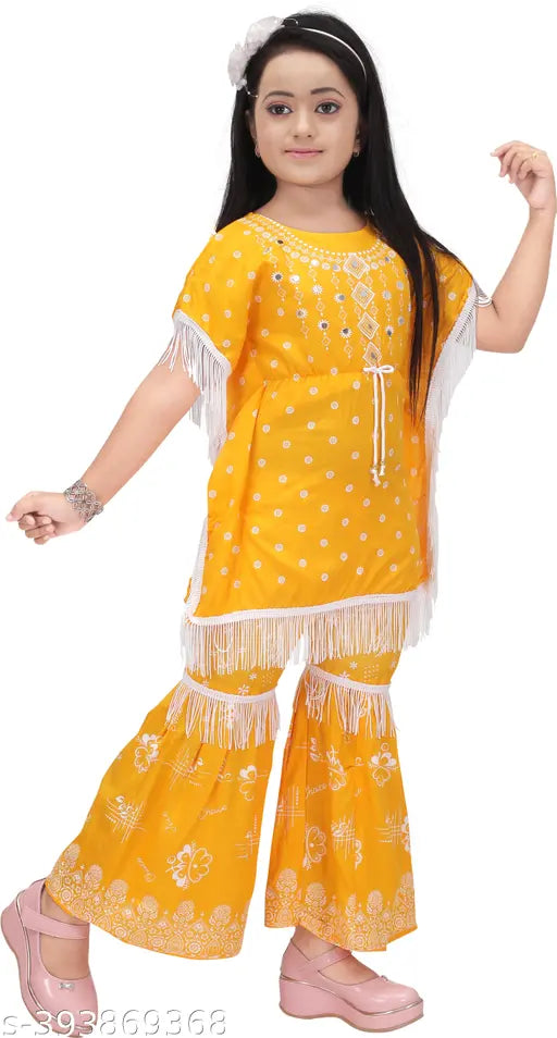 Red kraftan top & printed palazzo set, cotton, short sleeves, embellished, vibrant Indian fashion for kids (3-12 years)