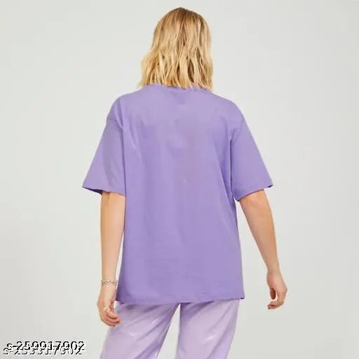 Lavender printed oversize cotton t-shirt with half sleeves and round neck, ideal for casual wear