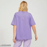 Lavender printed oversize cotton t-shirt with half sleeves and round neck, ideal for casual wear