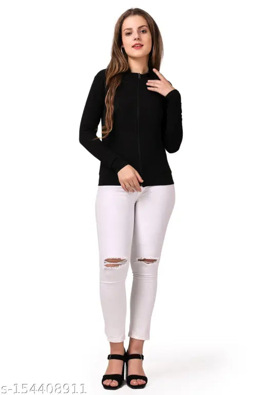 Women's black casual zip jacket, polycotton, long sleeves, solid color, perfect for multiple occasions, made in India