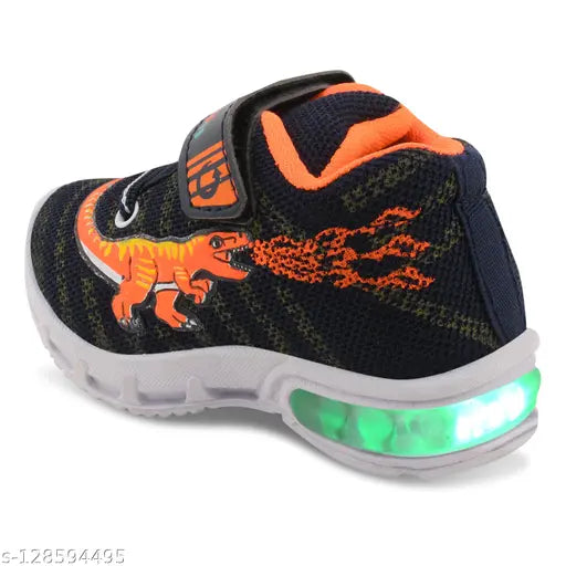 Multicolor LED light sports shoes for kids, featuring Angry Birds design in orange hue on EVA sole and resin material, fastened with Velcro. Ideal casual wear for both boys and girls aged 18 months to 3.5 years