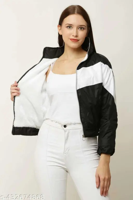 Black colorblocked polyester zipper jacket for women, trendy cool style on mannequin