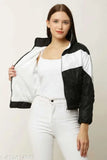 Black colorblocked polyester zipper jacket for women, trendy cool style on mannequin