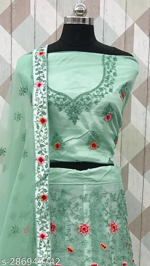 Designer net embroidered lehenga choli set with semi-stitched blouse and matching dupatta, free size. Indian ethnic wear for parties, weddings, festivals, or casual occasions. High-quality net fabric. Ideal gift for loved ones