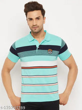 Blue striped cotton short-sleeve polo shirt for men, made in India