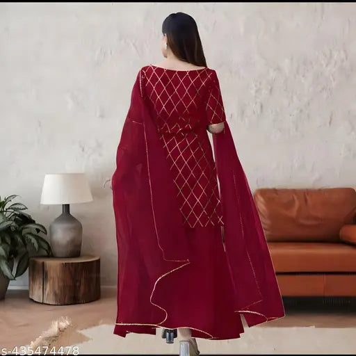 Diwali-2024 Special SelfGift Women's and Girls Rayon Kurta Set with Embroidered Net Dupatta and Short Sleeves, available in sizes S-XXL