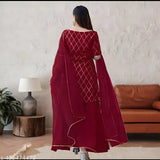 Diwali-2024 Special SelfGift Women's and Girls Rayon Kurta Set with Embroidered Net Dupatta and Short Sleeves, available in sizes S-XXL