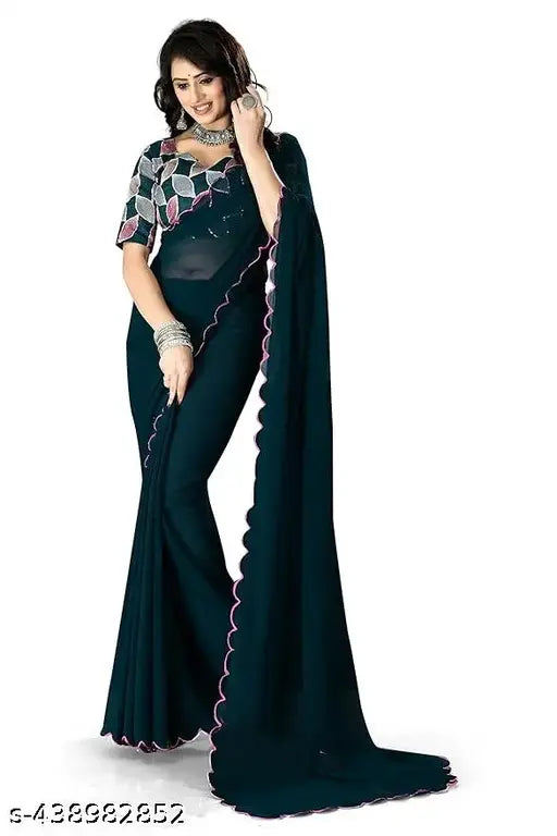 Indian Georgette saree with stylish border and embroidered blouse, solid-colored and free size