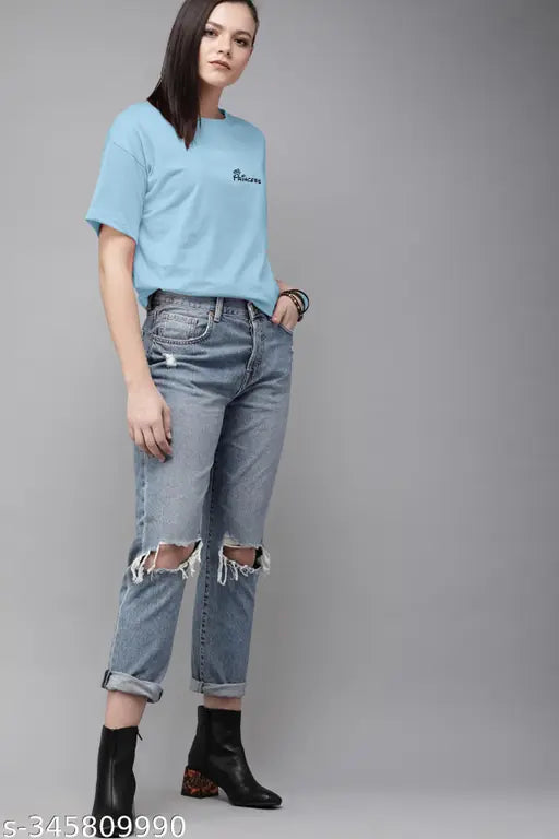 Sky blue oversized graphic print women's t-shirt, polycotton, short sleeves, India origin