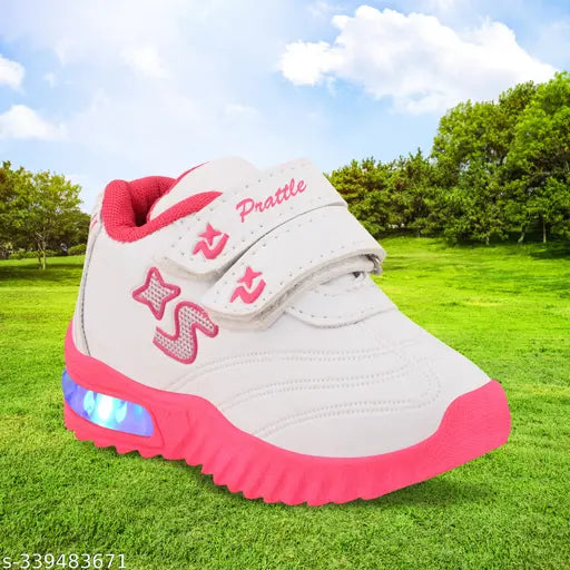 Pink EVA Prattle foot LED shoes for kids, lightweight and flexible with non-skid sole. Ideal for parties, dance, sports, festivals, or any celebration. Suitable for all seasons. Comfortable insole with Captain America pattern. Size: 18-24 Months to 5 Years. Made in India