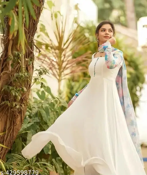 Designer white Georgette gown, long sleeves, solid net bridal wear - size M, Indian origin