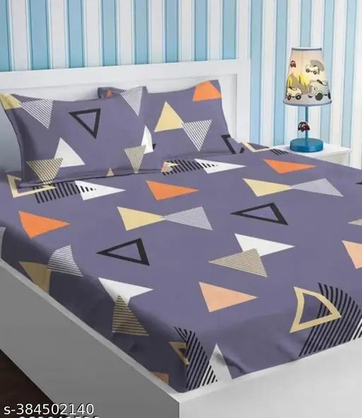 GEETA S Premium cotton geometric double bedsheet with 2 pillow covers, elastic fitted for summer use, fits up to 8-inch mattress