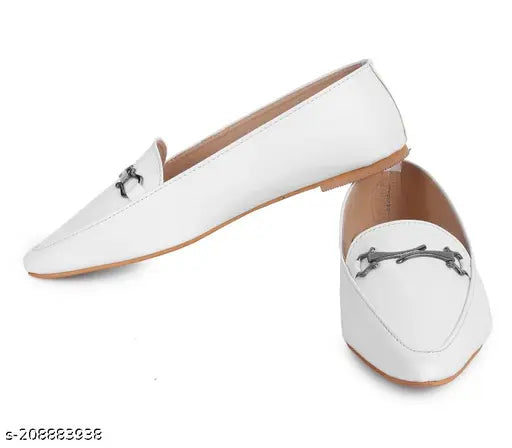 White synthetic D-shaped flat loafers by Kiravi, perfect for casual or formal western wear. Solid design, slip-on style with synthetic sheet sole. Available in sizes IND-2, IND-4, IND-5, IND-6, IND-7, IND-8, made in India