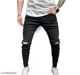 Stylish black knee-cut denim jeans for men - high-quality, comfortable fit with trendy distressed detailing
