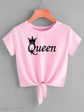 Pink Lycra crop top t-shirt for women, star Queen printed, short sleeves
