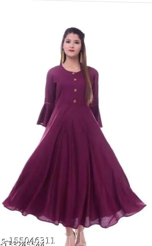 Rayon solid flared kurti, trendy ethnic women's style with three-quarter sleeves, single color, Indian origin
