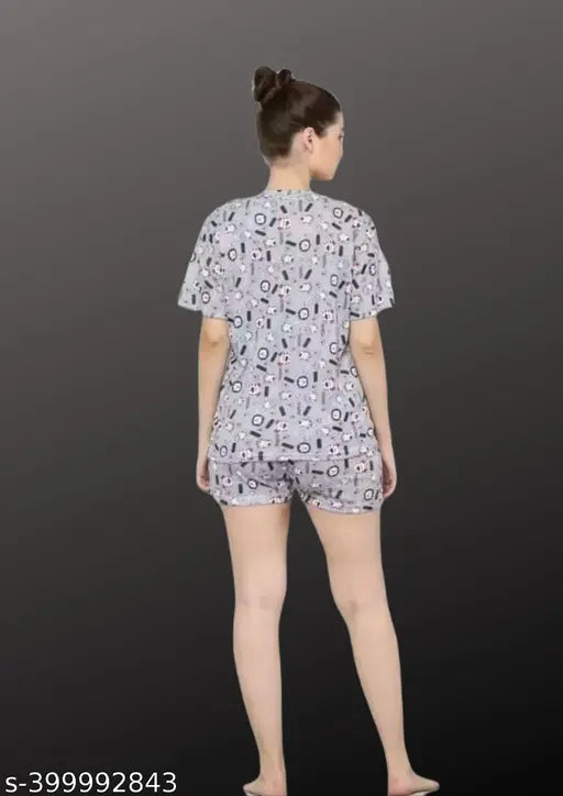 Printed cotton night suit dress set for women, 2 pieces with short sleeves and regular fit, comfortable and stretchable, low-price, Indian origin