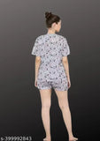Printed cotton night suit dress set for women, 2 pieces with short sleeves and regular fit, comfortable and stretchable, low-price, Indian origin