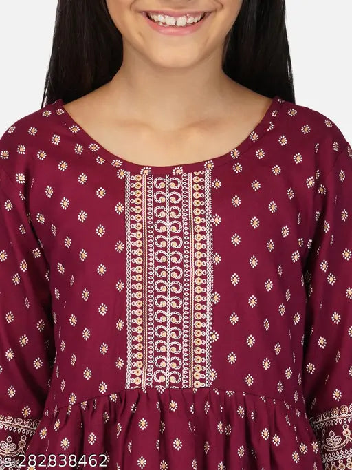 Girs Rayon ethnic set: rayon top & bottom with printed three-quarter sleeves, best for parties, weddings, birthdays, festivals. Indian origin