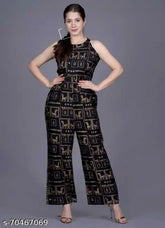Printed rayon sleeveless jumpsuit by Yozz, Indian-made fashion for women's size M on mannequin