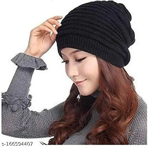 Black wool beanie cap (Pack-1), self-design, suits most outfits, great for winter sports & outdoor activities