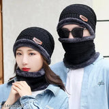 Black wool beanie cap & neck warmer set (MISS8TEEN), snow-proof with fur knit, thick fleece lining for winter - unisex