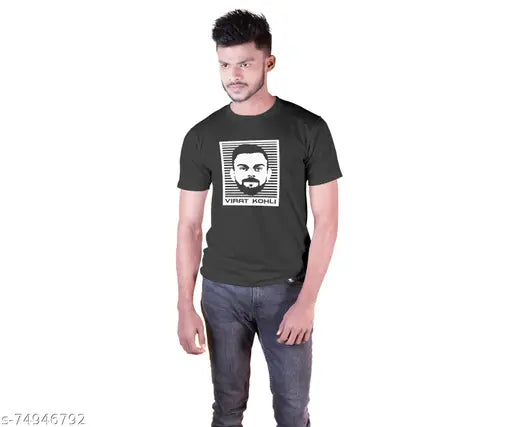 Cotton round neck half sleeve bio-washed printed t-shirt featuring Virat Kohli, designed by newcomer Indian designer for casual funwear