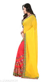 Yellow and pink Georgette embroidered KAVINDI saree with separate blouse, featuring latest designer embroidery work on 5.5m x 1.2m fabric