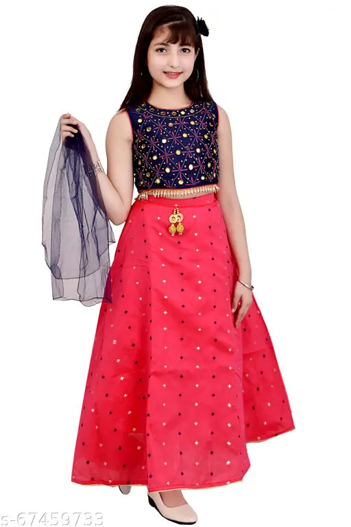 Girls' polka dot silk blend Lehenga Choli and net Dupatta in Art Silk, semi-stitched and embellished ethnic wear for 10-14 years old, inspired by Indian celebrity styles and trends