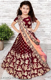 Embroidered taffeta silk lehenga for 4 year baby girl with net dupatta and short sleeves, Indian traditional attire for young girls