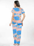 Stylish women's printed nightsuit set in pack of 1, featuring short-sleeved t-shirt and pyjama bottoms made from polycotton. Patterned nightwear available in multiple sizes including M, L, XL, XXL