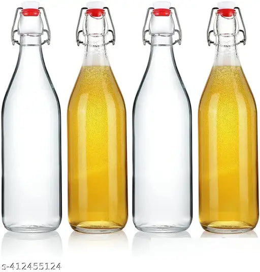 Clear glass home brewing bottles (pack of 4) - airtight rubber seal flip caps for carbonated drinks, kombucha, soda, juice