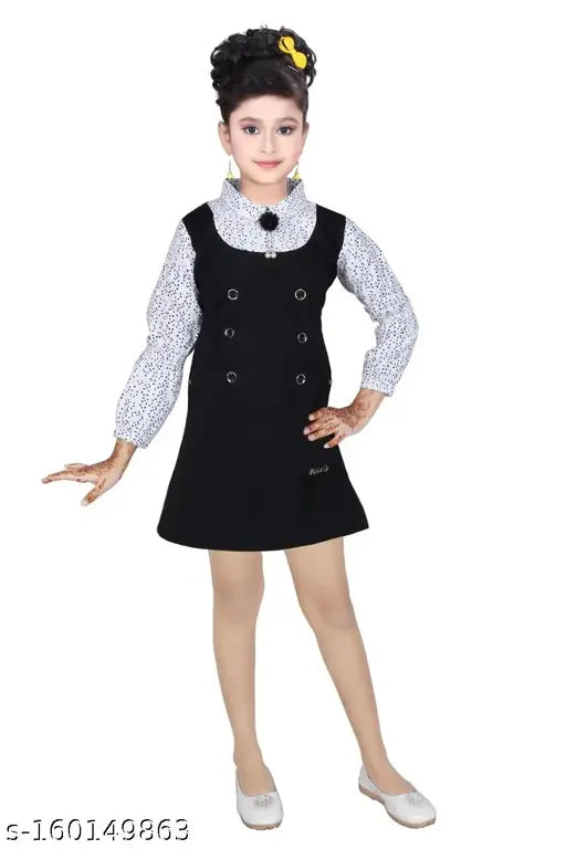 Cotton blend Western dress for kids girls, self-design net pattern, long sleeves, above knee length pinafore style, perfect for parties and festivals