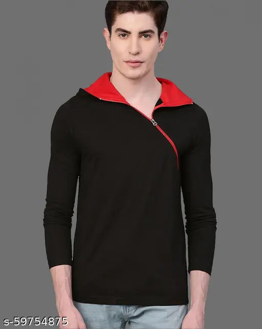 Black cotton full sleeves hooded neck Eyebogler men's solid t-shirt, trendy design, perfect casual wear