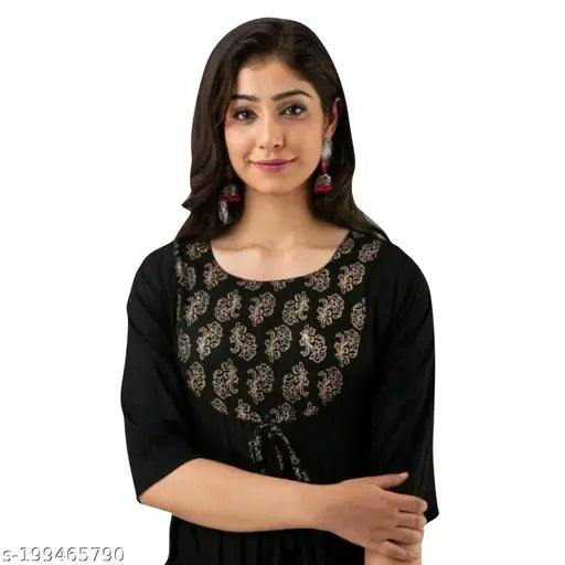 Black gold print rayon long kurti, three-quarter sleeves, Indian fashion apparel