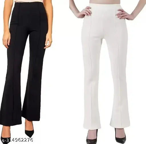 Polyester stretchable yoga pants, bootcut ribbed bell bottom trousers for women in solid colors, available in sizes 24-36 (waist 24-36 inches, length 38 inches). Indian-made western trousers for women