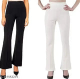 Polyester stretchable yoga pants, bootcut ribbed bell bottom trousers for women in solid colors, available in sizes 24-36 (waist 24-36 inches, length 38 inches). Indian-made western trousers for women