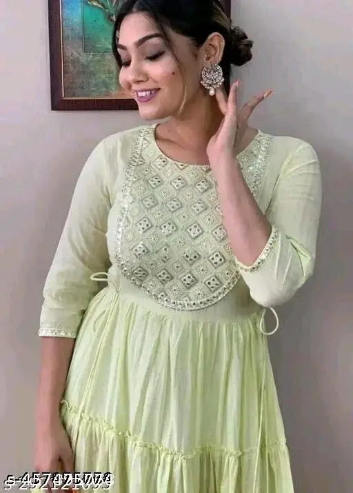 Mint green cotton blend embroidered gown for women, solid pattern with three-quarter sleeves, available in L and XXXL sizes from India