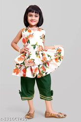 Orange Festive Collection Queenpin Kurta Set for Girl, straight top and harem pants made from cotton, printed, sleeveless style. Sizes available: 12-18M (19in/14in), 18-24M (19in/19in), 1-2Y (20in/19in), 2-3Y (21in/20in), 3-4Y (22in/21in), 4-5Y (23in/22in), 5-6Y (24in/24in), 6-7Y (26in/27in), 7-8Y (27in/28in). Origin: India
