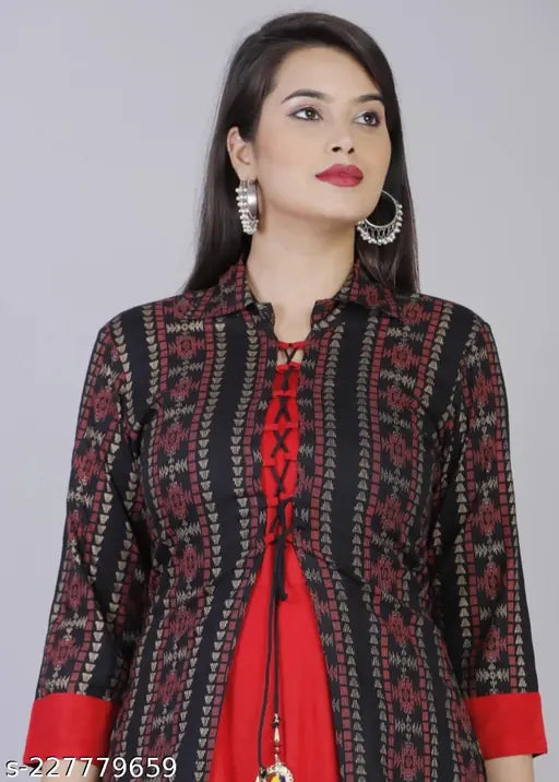 Rayon kote kurats, three-quarter sleeves, printed combo, Indian fashion top for women sizes S to 4XL on mannequin