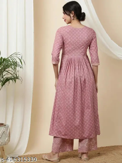 Viscose rayon printed ethnic motifs pink A-line kurta with palazzos for women, India