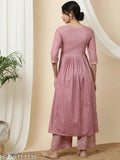 Viscose rayon printed ethnic motifs pink A-line kurta with palazzos for women, India